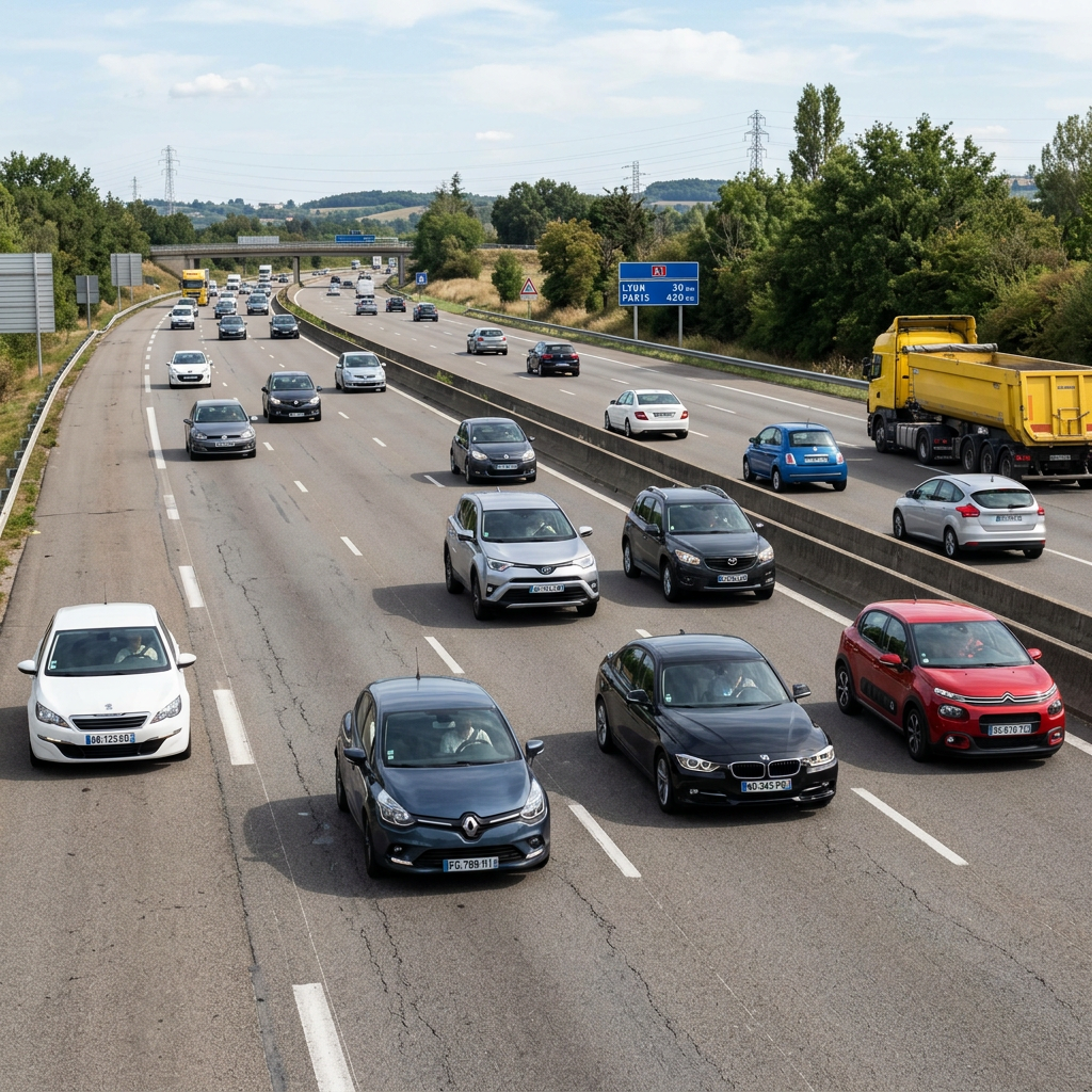 Cars and a yellow truck driving on a multi-lane highway in France with road signs for Lyon and Paris